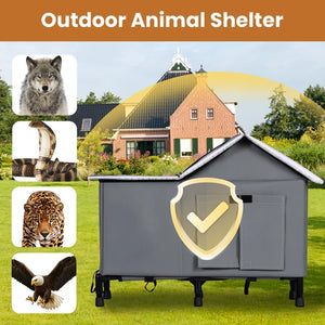 Gray outdoor dog shelter shown in a grassy yard with a house in the background, plus inset images of a wolf, snake, tiger, and eagle. White text at the top reads 'Outdoor Animal Shelter' and a gold shield icon is overlaid on the shelter at Pet Servo