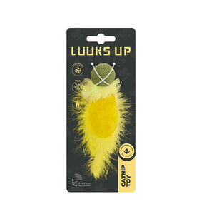 A yellow catnip toy attached to a black retail card with gold text reading 'LUCKS UP' and 'CATnip TOY'. The toy has a round green ball on a string with white string accents and fluffy yellow material at Pet Servo