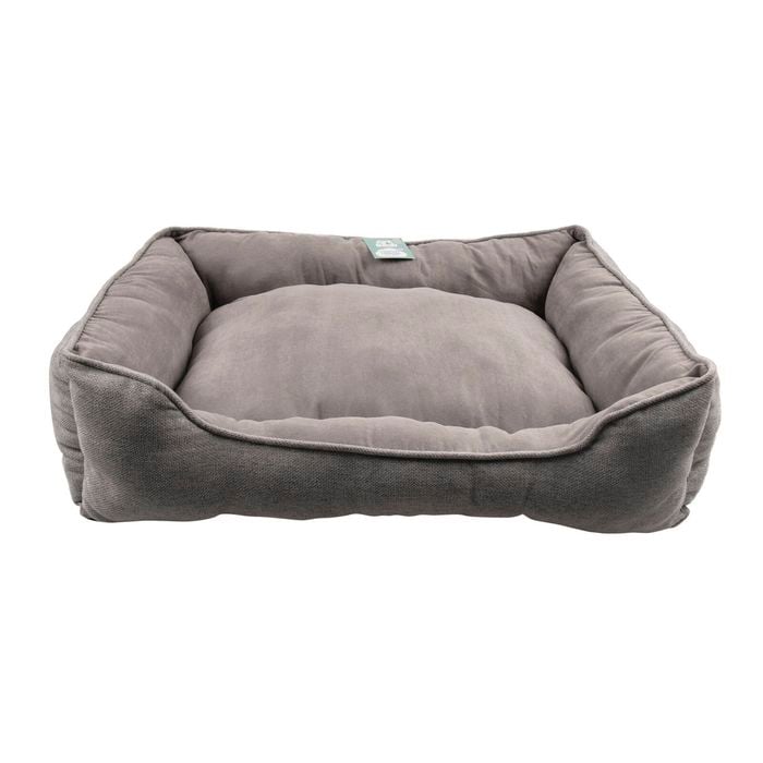 Gray pet bed with a visible brand tag on a white background at Pet Servo