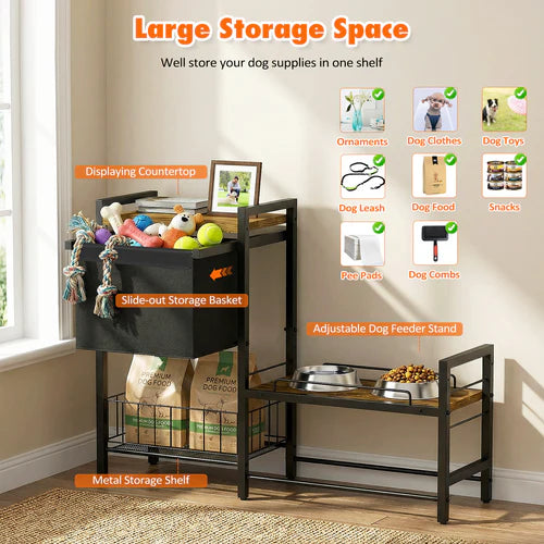 Pet supply organizer with slide-out storage basket, adjustable dog feeder stand, and metal storage shelf at Pet Servo