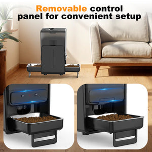 Pet feeder with removable control panel in a living room setting at Pet Servo