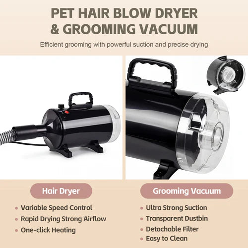 Pet hair blow dryer and grooming vacuum with features highlighted on a beige background at Pet Servo