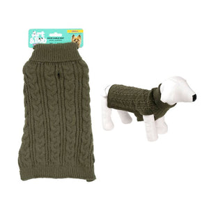 Green dog sweater with cable knit pattern on a white background