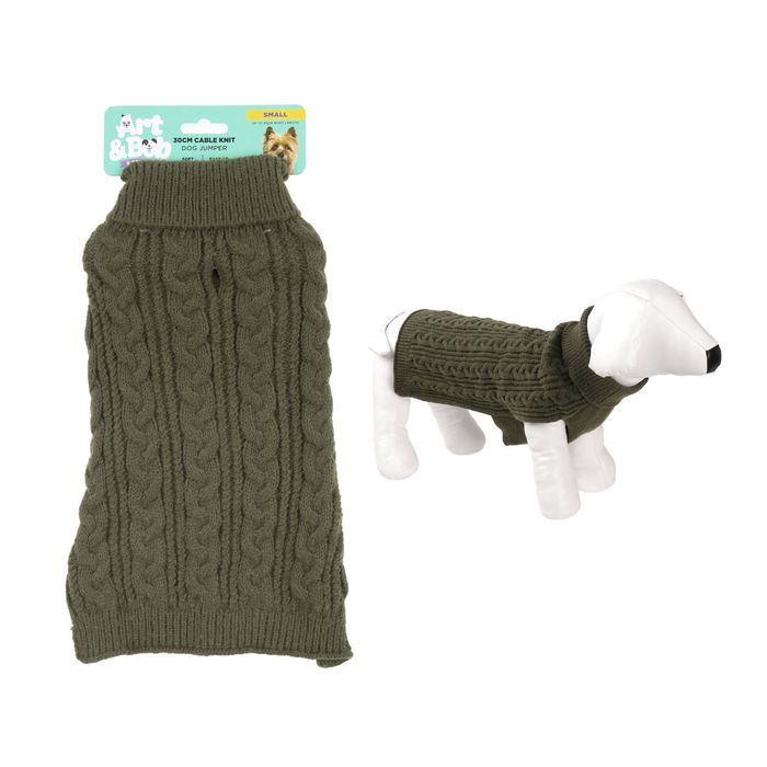 Green dog sweater with cable knit pattern on a white background