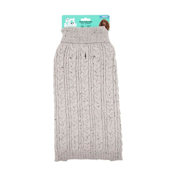 Gray knitted dog sweater with brand label on a white background