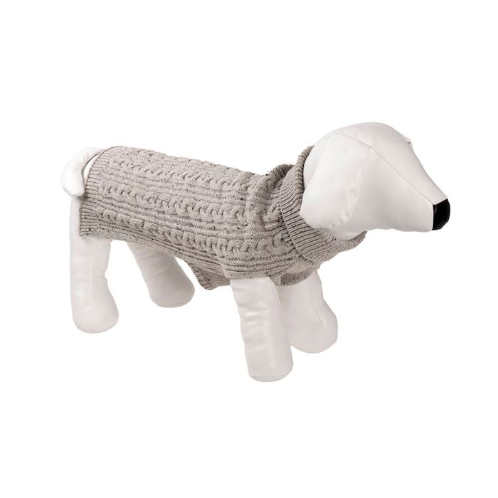 Dog toy resembling a dog wearing a gray sweater on a white background