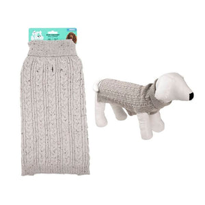 Gray knitted dog sweater with packaging on a white background