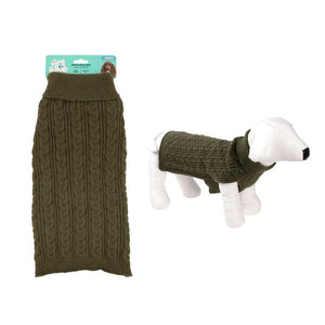 Green knitted dog sweater on a mannequin and white background