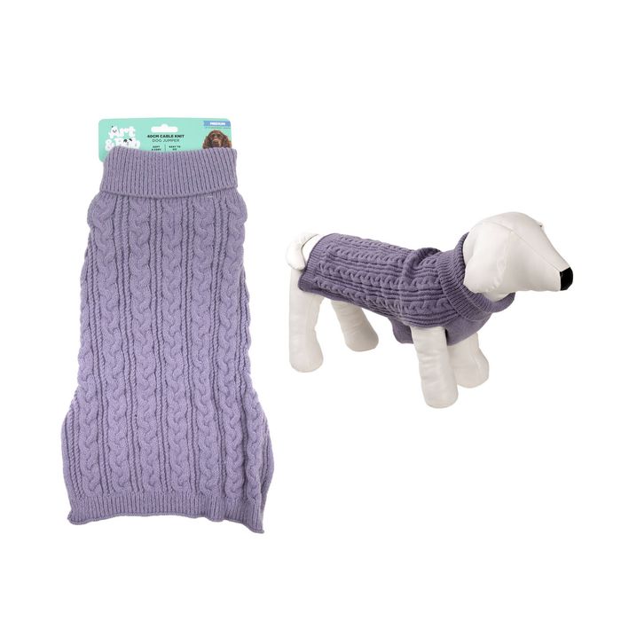 Purple knitted dog sweater on a white background