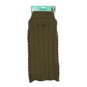 Green knitted dog sweater on a white background with a brand label at Pet Servo