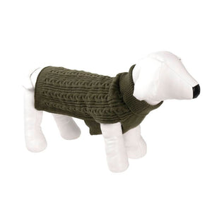 Dog toy wearing a green knitted sweater on a white background at Pet Servo