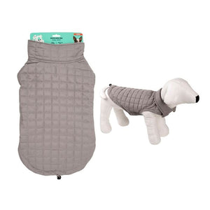 Gray quilted dog coat with a white dog model wearing it on a white background