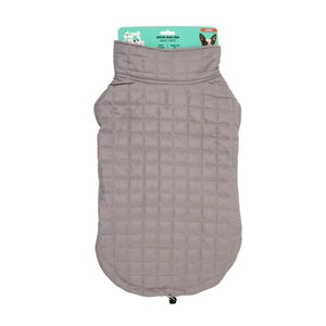 Gray quilted dog coat with brand label on a white background