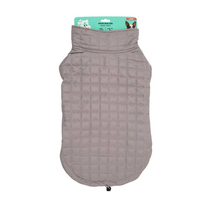 Gray quilted dog coat with brand label on a white background