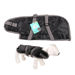 Black dog coat with gray straps on a white background at Pet Servo