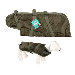 Green dog coat with straps on a white background