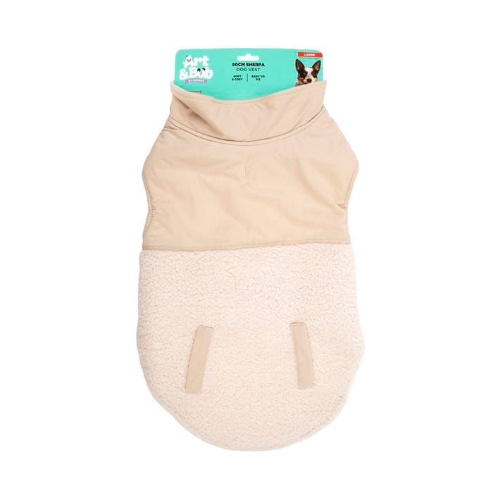 Dog sweater with a beige top and white bottom on a white background