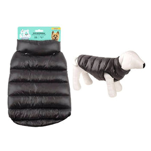Black puffer jacket for dogs with a mannequin wearing it on a white background