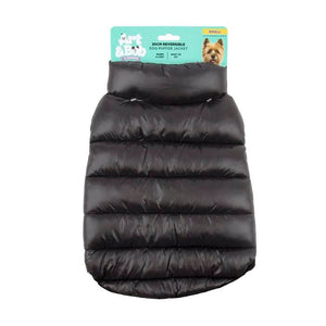 Black dog puffer jacket with a visible brand label on a white background at Pet Servo