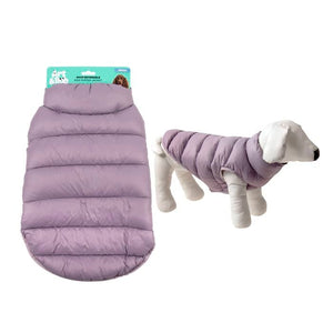 Purple dog coat with a stuffed dog toy wearing the coat on a white background at Pe tServo