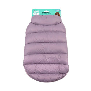 Purple dog puffer jacket with a brand label on a white background at Pet Servo