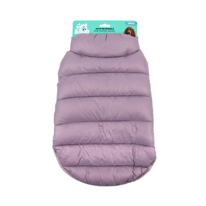 Purple dog puffer jacket with a brand label on a white background at Pet Servo