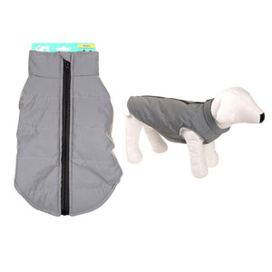 Gray dog coat with a black zipper on a white background at Pet Servo
