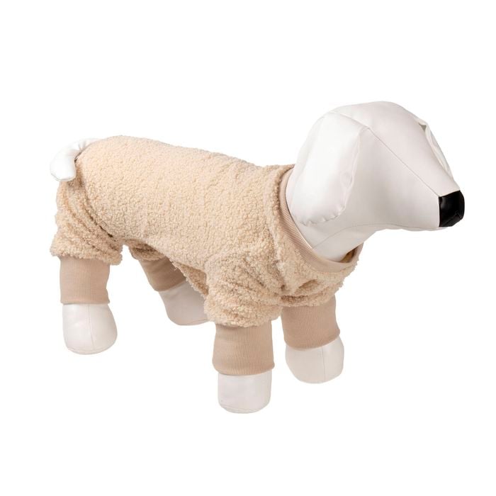 Dog toy resembling a sheep with a beige fleece body and white legs and head on a white background