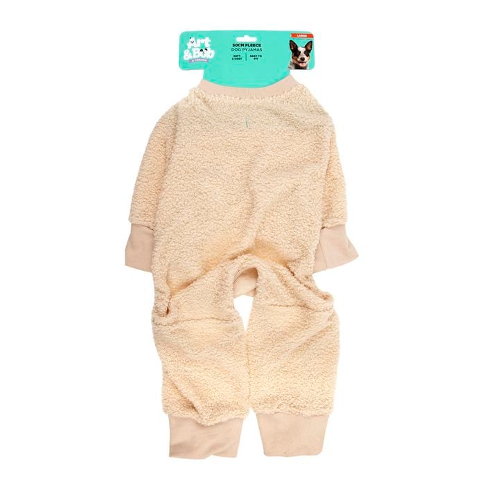 Beige fleece dog pajamas with a brand tag on a white background at et Servo