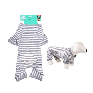 Striped pet onesie with a dog model and packaging on a white background at Pet Servo