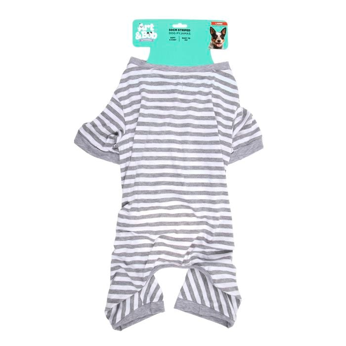 Striped pet dress with a brand tag on a white background