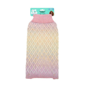 Knitted dog sweater with a gradient pattern on a white background