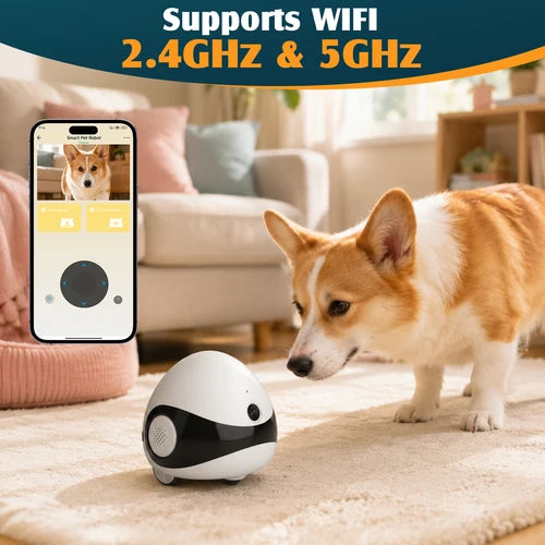 A small white and black robotic dog toy sits on a beige rug in a living room, with a corgi standing nearby. A smartphone screen on the left shows a pet camera view, and a blue-orange banner at the top reads 'Supports WIFI 2 at Pet Servo