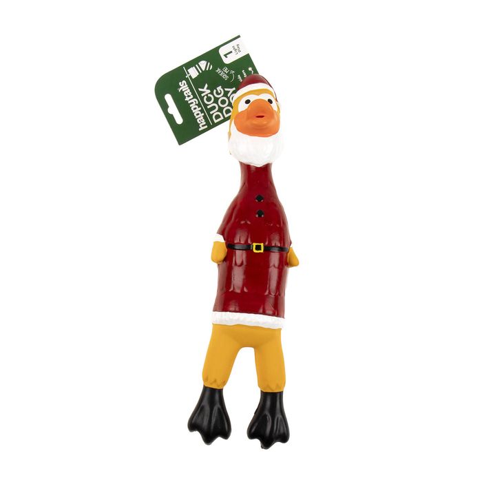 A rubber Christmas rooster toy dressed in a red Santa-style suit with yellow legs, black feet, and a green hang tag, shown on a plain white background.