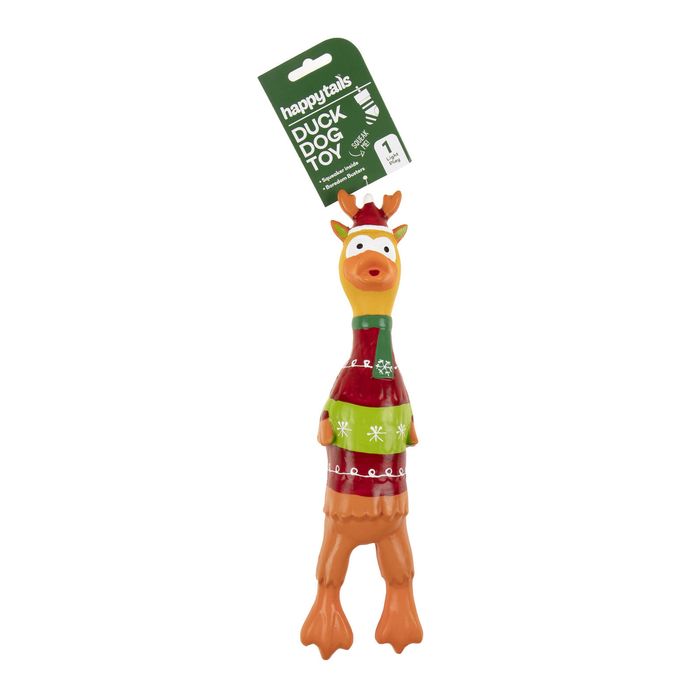 A Happy Tickle brand Christmas duck dog toy featuring an orange duck character wearing a red and green holiday sweater and a red reindeer hat, complete with its green retail header card.