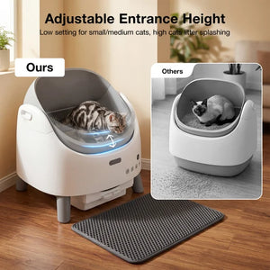 Cat litter box with adjustable entrance height feature, showing a cat using it on a wooden floor at Pet Servo