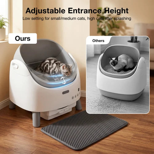 Cat litter box with adjustable entrance height feature, showing a cat using it on a wooden floor at Pet Servo