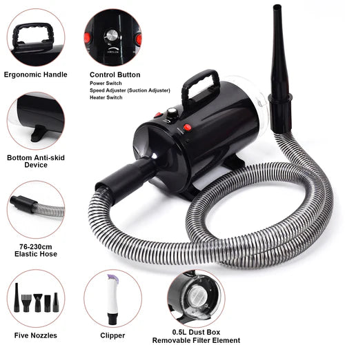 Black handheld vacuum cleaner with features highlighted on a white background at Pet Servo