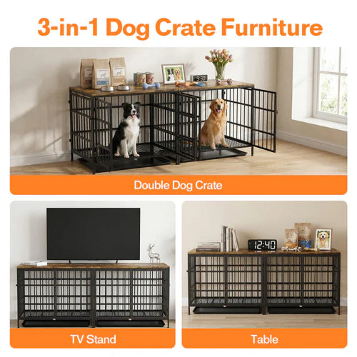 3-in-1 dog crate furniture transforming into a double dog crate, TV stand, and table at Pet Servo