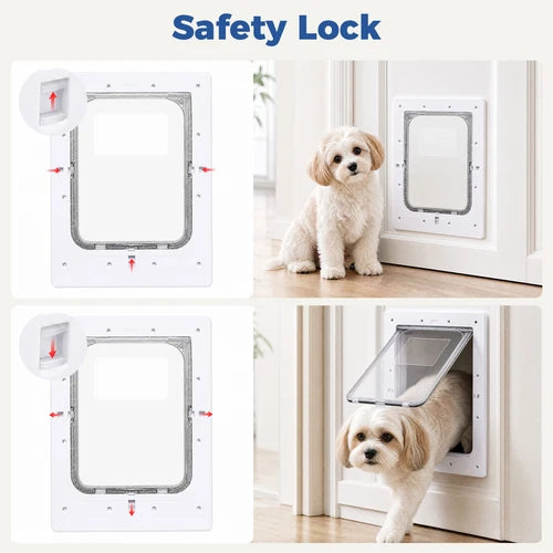 A pet door safety lock product shown in a collage with a small white dog. The top text reads 'Safety Lock at Pet Servo