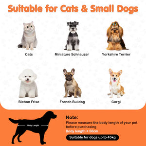 Product suitability for cats and small dogs with images of various breeds and a body length measurement guide at Pet Servo