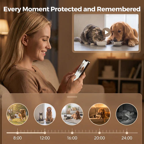 Woman using a smartphone to view video calls with pets in a home setting at Pet Servo