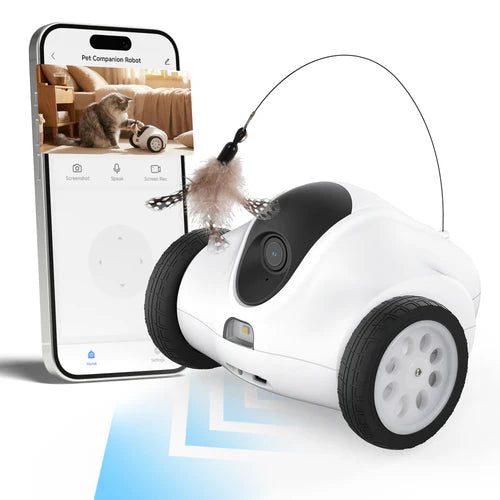 Pet companion robot with a smartphone displaying an app interface on a white background at Pet Servo