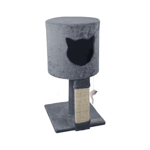 Gray cat tree with a scratching post and toy on a white background at Pet Servo