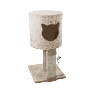 Cat tree with beige cushioned platform and scratching post on a white background at Pet Servo