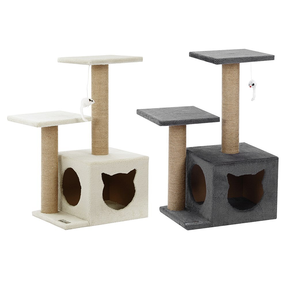 Two cat trees with platforms and scratching posts on a white background at Pet Servo