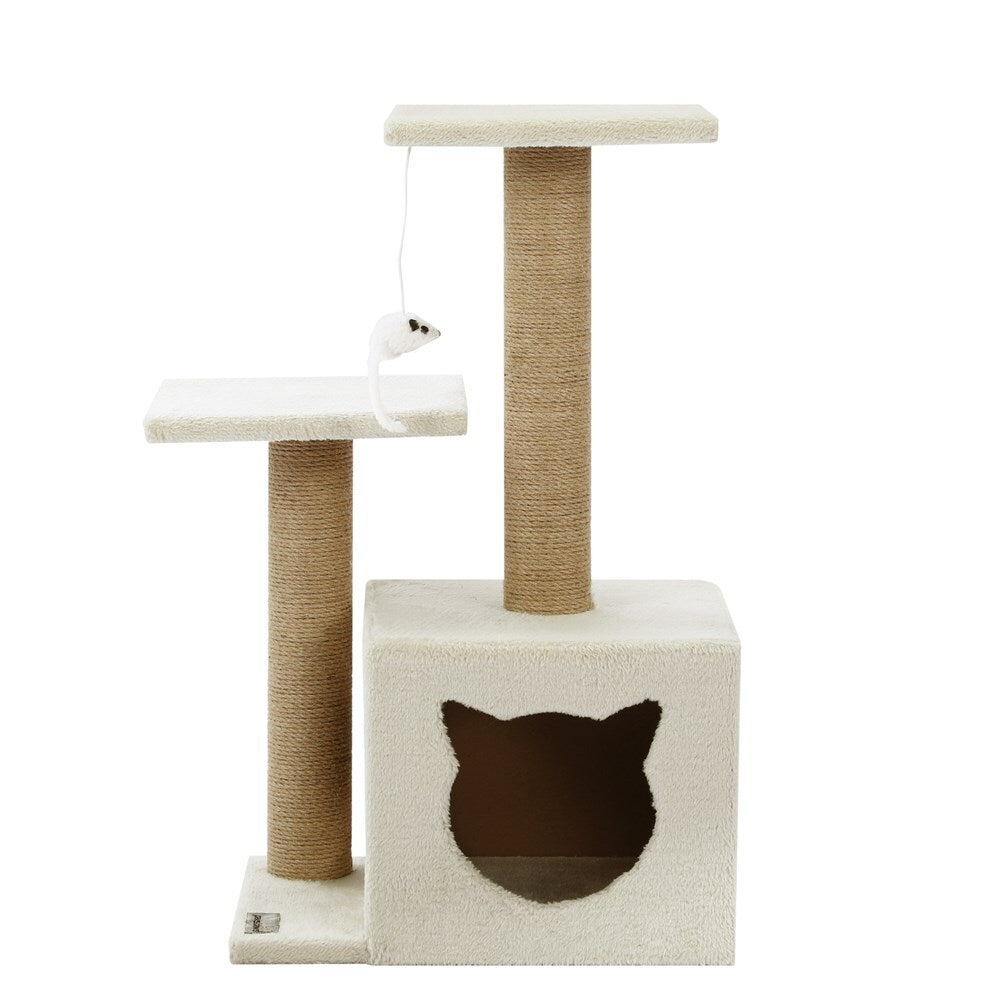 Cat tree with two platforms and a scratching post on a white background at Pet Servo