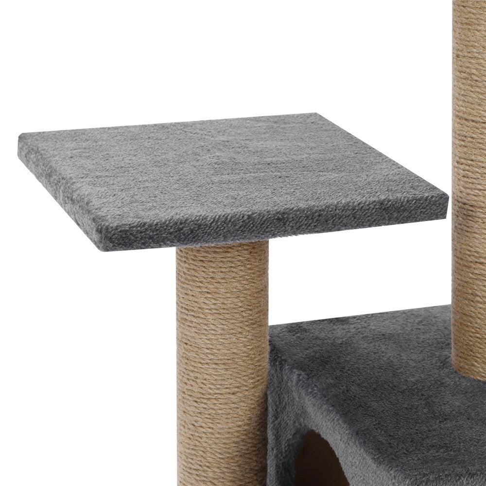 Cat tree with gray platforms and sisal-covered posts on a white background at Pet Servo