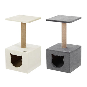 Two cat trees with platforms and hiding spaces on a white background at Pet Servo