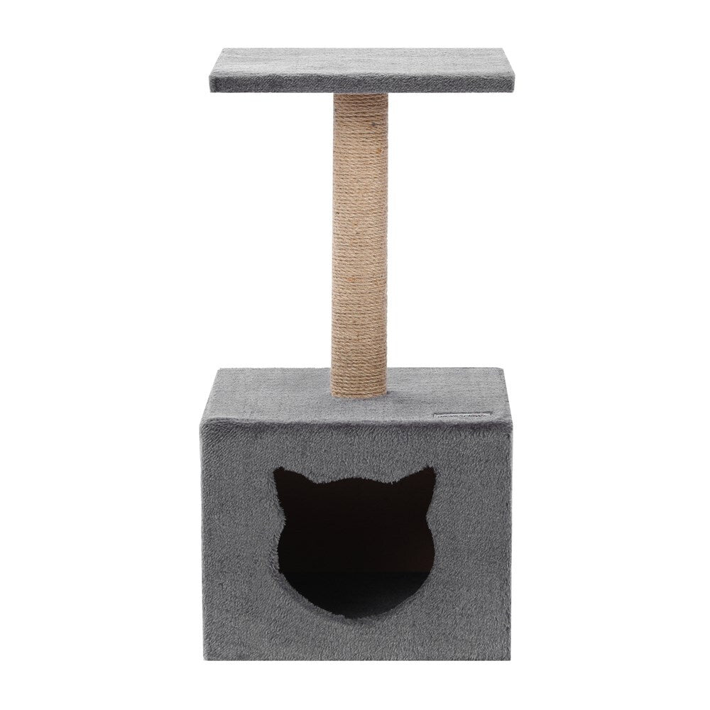 Gray cat tree with a scratching post on a white background at Pet Servo